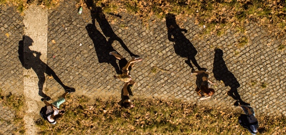 overhead view of students walking
